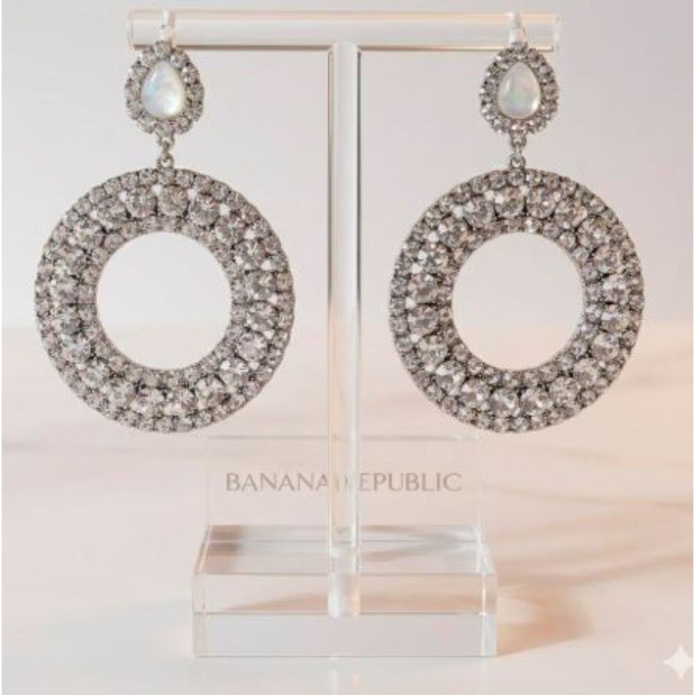 Banana Republic Women's Sparkle Silver Crystal Drama Hoop Earrings  NWT 78